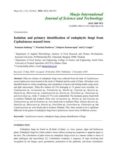 Isolation and primary identification of endophytic fungi from - Maejo ...