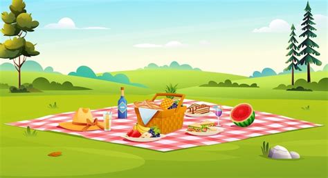 Premium Vector | Picnic setup composed of basket with food, fruits ...