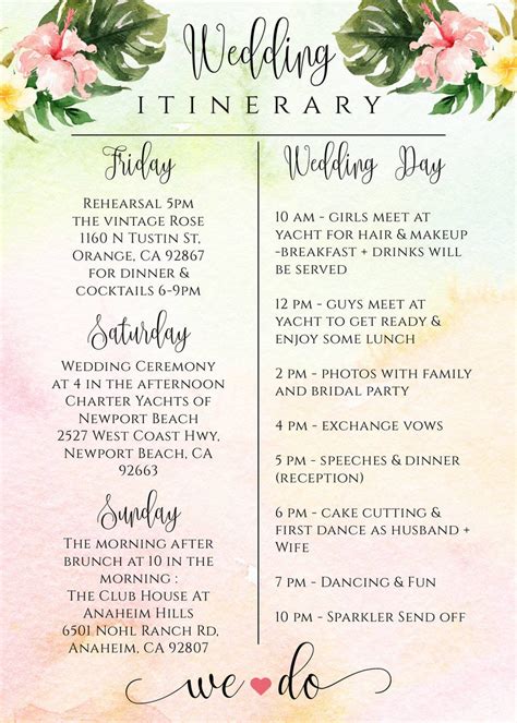 Wedding Itinerary Template Free