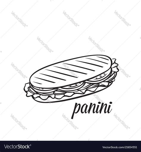 Hand drawn panini or sandwich. Vector monochrome outline vintage ...