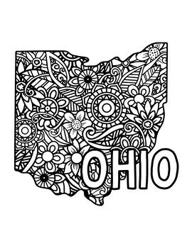 OHIO Coloring Pages (State Name / Shape & Floral Mandala) by Fresh Hobby