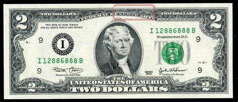 2003 $2 Federal Reserve Note Fancy Serial Number Uncirculated I 12886888 B