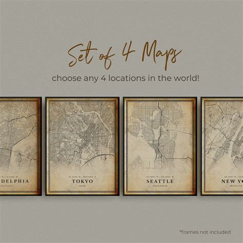 Set of 4 ANY CITY Vintage Map Posters, Personalized Retro Map Prints ...