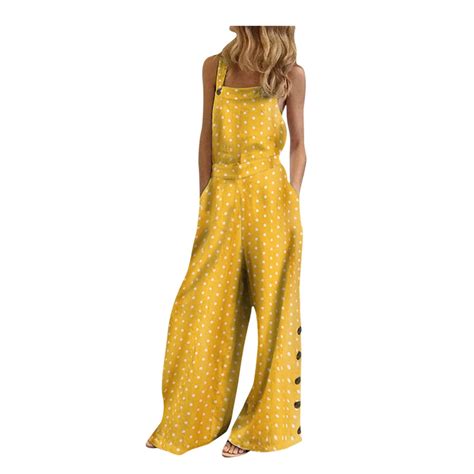 Yellow Plus Size Jumpsuits Sleeveless Overalls Casual Dot Print Summer ...