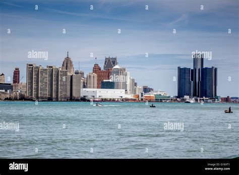 The Detroit City Downtown Skyline Seen From Windsor Canada Across The Detroit River Stock Photo ...