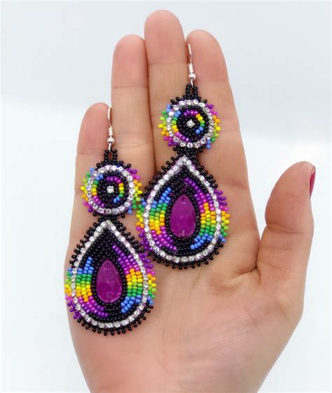 Beaded Earrings - Native American - Purple - Rhinestones - Handmade - Buckskin Backing - Native ...