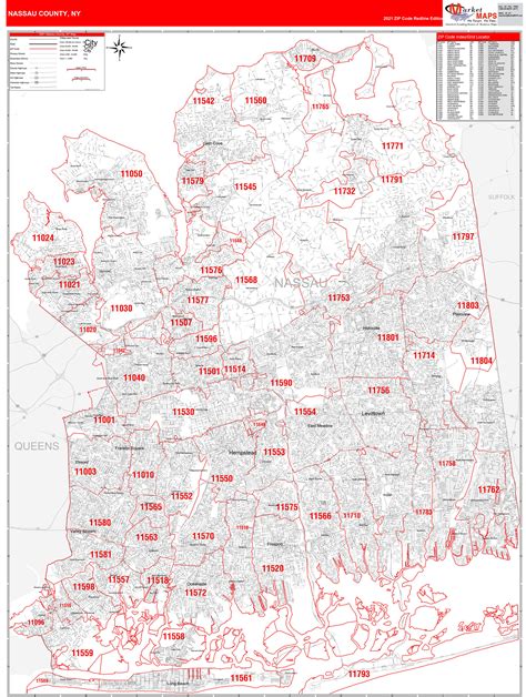 Nassau County, NY Zip Code Wall Map Red Line Style by MarketMAPS - MapSales