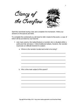 'Clancy of the Overflow' poem worksheet by Grant Bailey | TPT