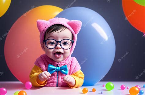 Premium Photo | Charming baby in glasses cute kid in costume of cat with ears generative ai