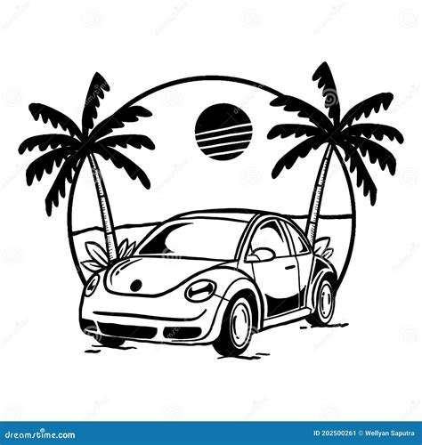 Classic Car with a Beach View, Doodle Black and White Illustration ...