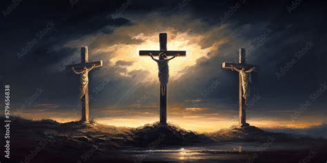 Three crosses on Calvary oil painting symbolic of the crucifixion of Jesus Christ created with ...