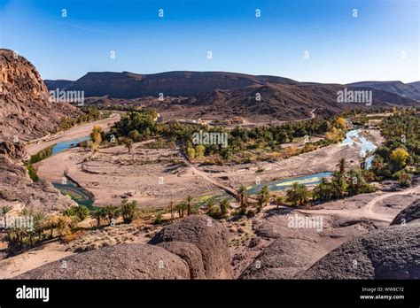 Beautiful Desert oasis landscape Panorama in Oasis De Fint near Ourzazate in Morocco, North ...