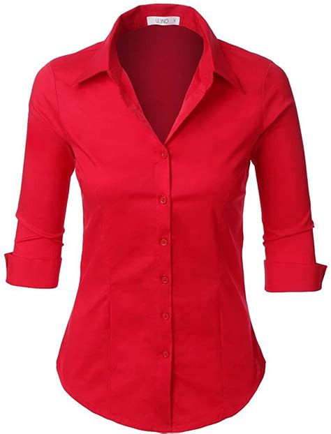 LE3NO Womens Slim-Fit 3/4 Sleeve V Neck Casual Work Shirts Top with Stretch