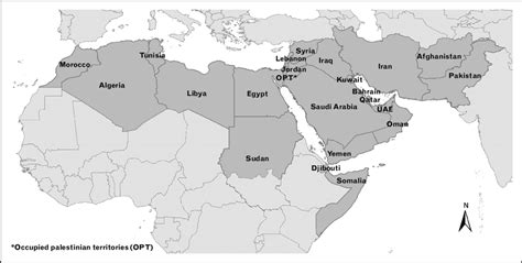 Map of the MENA region including the countries that are covered in this ...