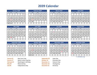 PDF Calendar 2039 with Federal Holidays | WikiDates.org