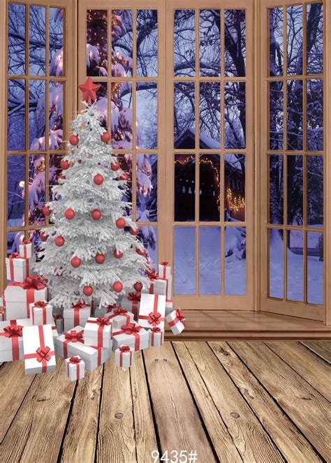 Christmas Tree Gifts Photography Backdrops Wood Floor Window Snow Photo Studio Background Props ...