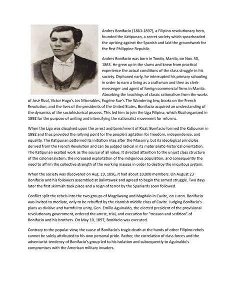 Andres Bonifaci - Andres Bonifacio was born in Tondo, Manila, on Nov. 30, 1863. He grew up in ...