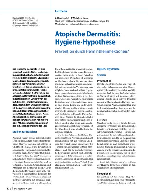 (PDF) Atopic dermatitis: The hygiene hypothesis. Prevention through helminth infections?