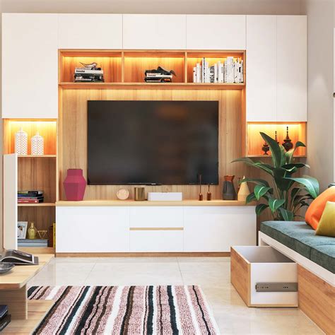 Compact Tv Unit Minimalist Interior Design With Wood And White Storage | Hot Sex Picture