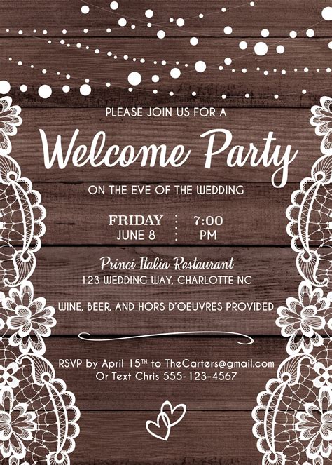 RUSTIC WELCOME PARTY Invitation, Rustic Rehearsal Dinner Invite, Wood and Lace Invitation ...