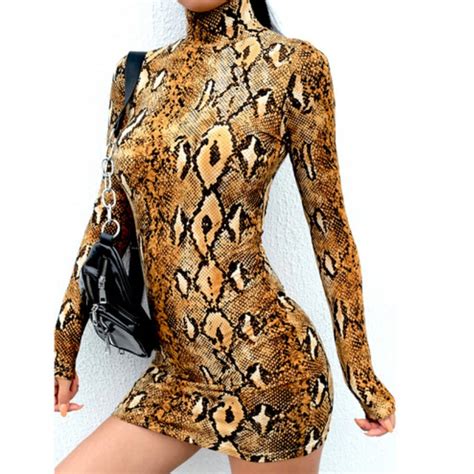 Sexy Snake Skin Printed Bodycon Dress Women Stretch Long Sleeve Shirt Dress Turtlenck Pencil ...