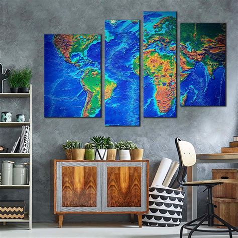 Flat Earth Canvas Wall Art, Green World Map Digital Painting 4 Piece C ...