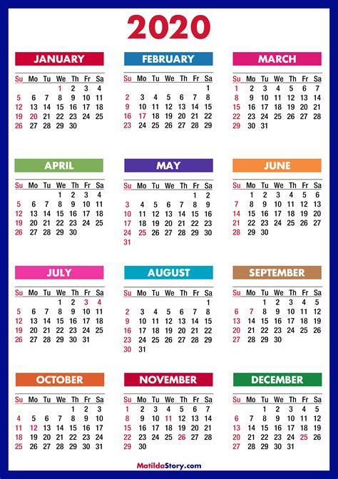 2020 Calendar with Holidays, Printable Free, Colorful, Blue, Green – Sunday Start – MatildaStory.com