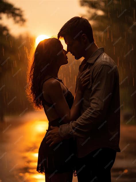 Premium AI Image | Photograph romantic couple kissing under the rain at golden hour portrait format