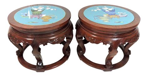 Fine Chinese Rosewood Blue Cloisonné Enamel Top Stools With Flowers, Side Tables, Pedestals - a ...