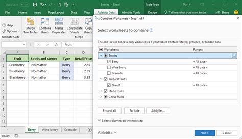 Combine sheets from multiple Excel files based on column headers