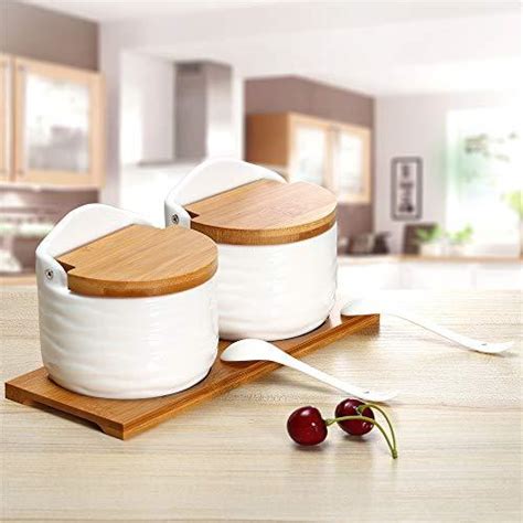 Ceramic Sugar Bowls Salt Boxes Set of 2 with Bamboo Lids Ceramic Spoons ...