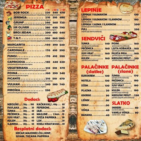 Menu at Bob Rock restaurant, Barajevo