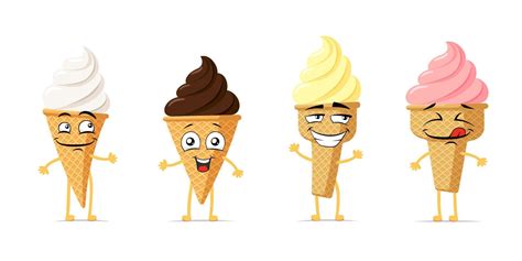 Ice cream in waffle cone funny smiling cartoon character set. Sundae cute happy face expression ...