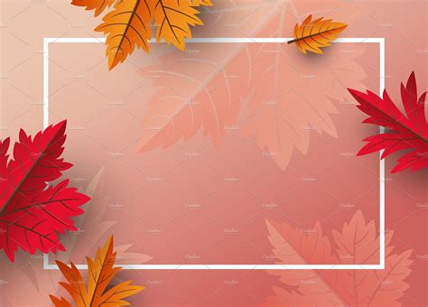 autumn leaves on pink background with white rectangle frame in the ...