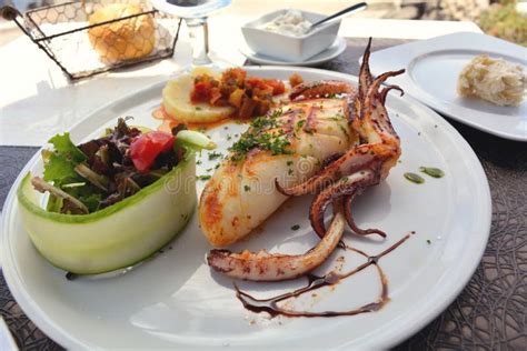 The Grilled Squid Dish is of the Mediterranean Cuisine Stock Photo ...