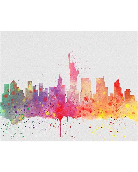 the skyline of new york is painted in watercolor and has many colors ...