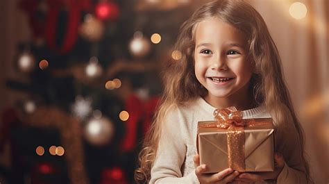 Happy Little Girl Holding In Hands Wrapped Gift Box On The Background Of Christmas Tree, Kids ...