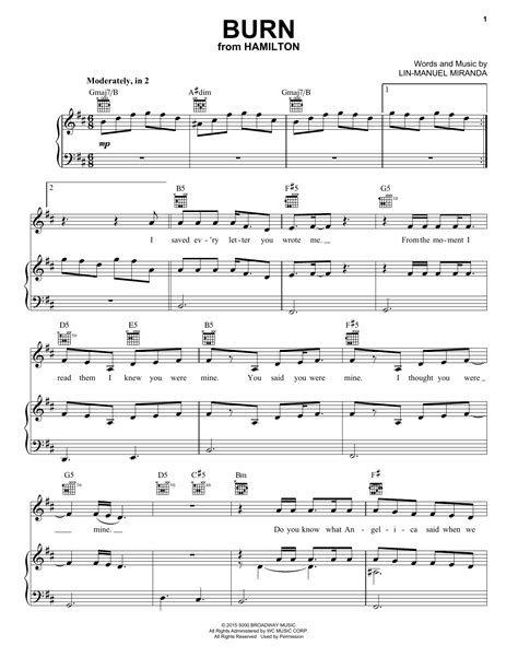 Burn (from Hamilton) Sheet Music Lin-Manuel Miranda Piano, Vocal Guitar Chords (Right-Hand ...