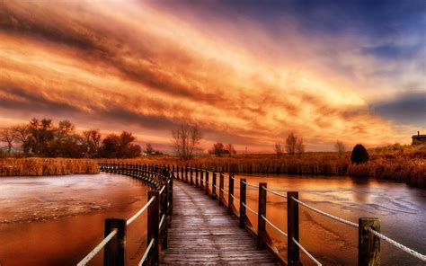 Wooden bridge, river, grass, nature sunset, clouds, red sky wallpaper | travel and world ...