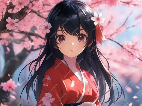 Premium Photo | Anime Girl in Kimono Among Cherry Blossoms