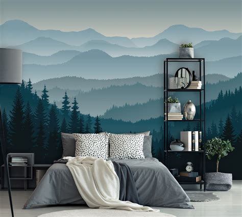 3D Mountain Peel and Stick Wallpaper Removable Self Adhesive Blue Mountain Mural Ombre Pine ...