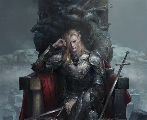 The weight of the crown, luminos, throne, elf, man, dong jianhua, king, art, HD wallpaper | Peakpx