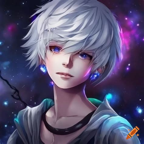 Anime boy with white hair and galaxy eyes