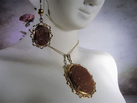 Goldstone Jewelry Set, Goldstone Necklace, Goldstone Earrings, Gold Filled Chain, 14K Earrings ...