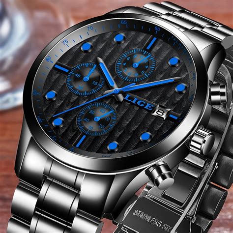 LIGE Waterproof Sport Watch Men Quartz Full Steel Clock Mens Watches ...