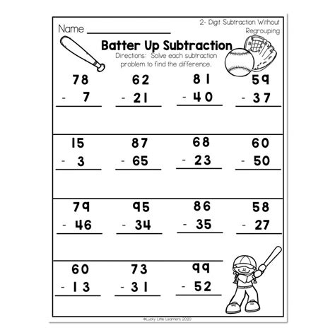 2nd Grade Math Worksheets - Place Value - 2-Digit Subtraction Without Regrouping- Batter Up ...