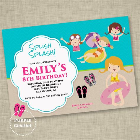 Swim Party Invitation Girls Birthday Party Invitation Kids