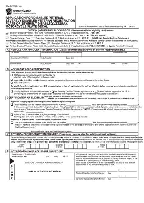 Fillable Form Mv-145v - Application For Disabled Veteran, Severely ...