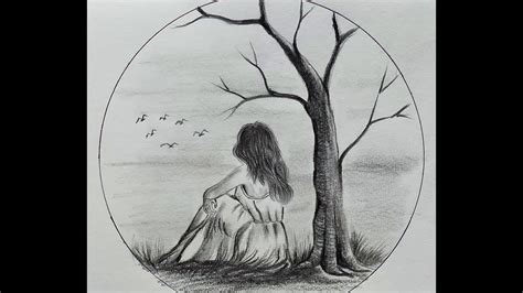 How to draw lonely girl sitting under the tree / lonely girl pencils sketch drawing - YouTube