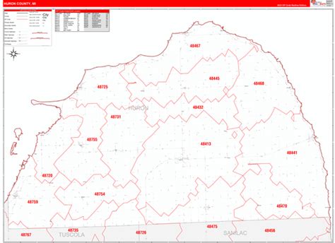 Huron County, MI Zip Code Wall Map Red Line Style by MarketMAPS - MapSales